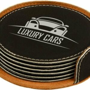 Leatherette Round Coaster Set -Black/Silver