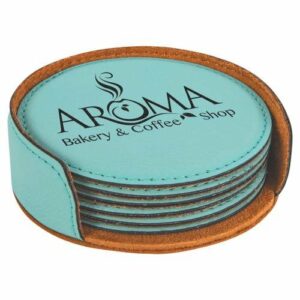 Leatherette Round Coaster Set -Teal
